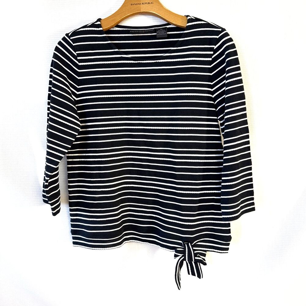 Preswick & Moore Women's Striped Cotton Boat Neck 3/4 Sleeve Front Tie - PS